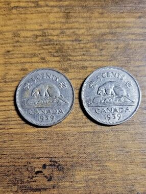 Vintage 1939 Canada 5 Cents Beaver Coins (Pair) - Silver Tone